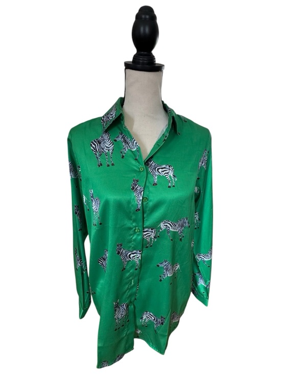 Tops - Button down long sleeve zebra print satin blouse